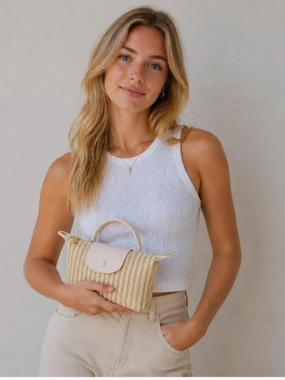 Straw Weave Top-Handle Bag in Blush Cream